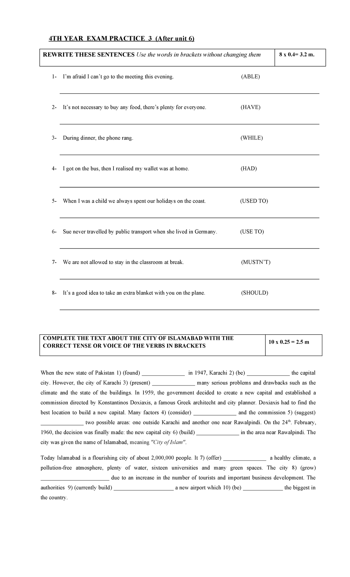 4TH YEAR EXAM Practice 3: Sentence Rewriting & Islamabad Text ...