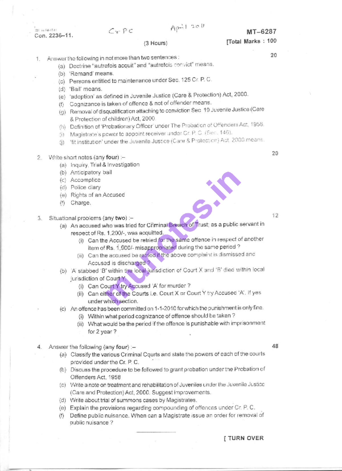 2011 Cr PC Apr - Question Paper on Criminal Law Concepts - Studocu