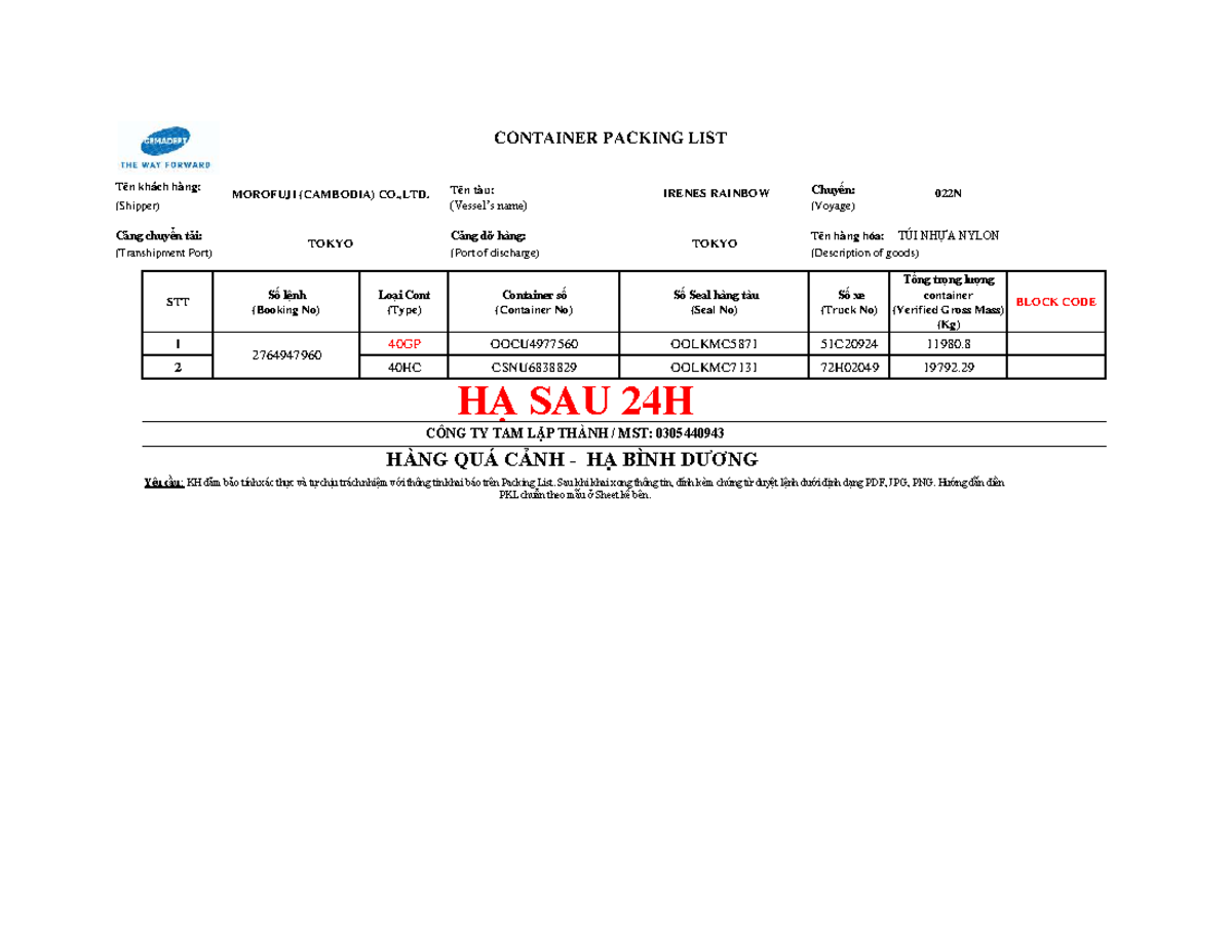 CONTAINER PACKING LIST - MOROFUJI (CAMBODIA) CO.,LTD. - Studocu