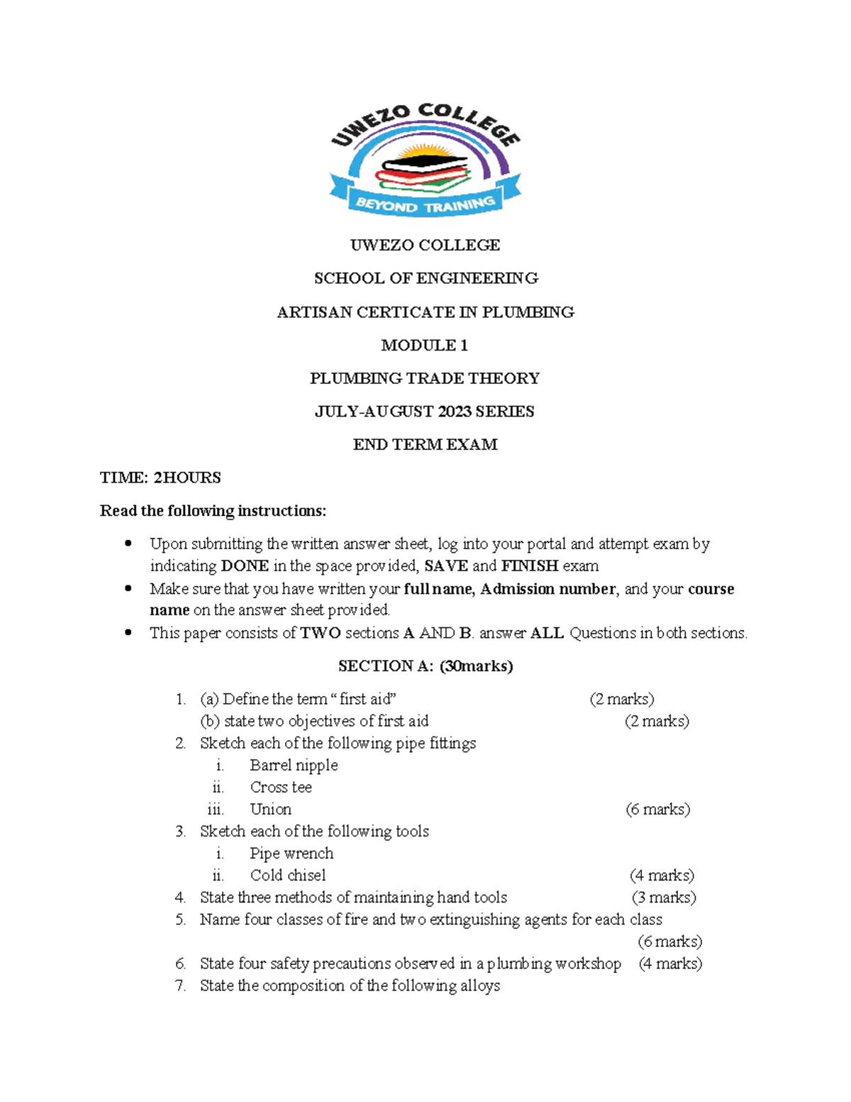 UWEZO COLLEGE ENGINEERING ARTISAN CERTIFICATE PLUMBING TRADE THEORY ...