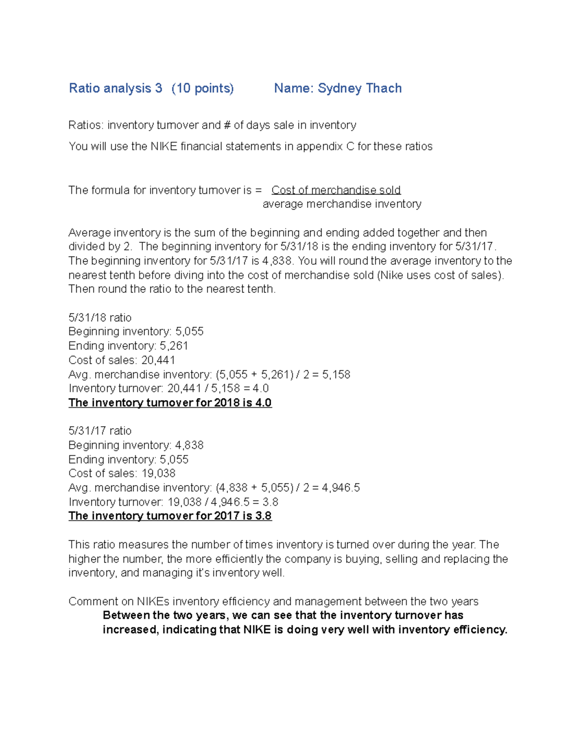 FS 3 inventory ratios - NIKE financial statement assignments. this is ...
