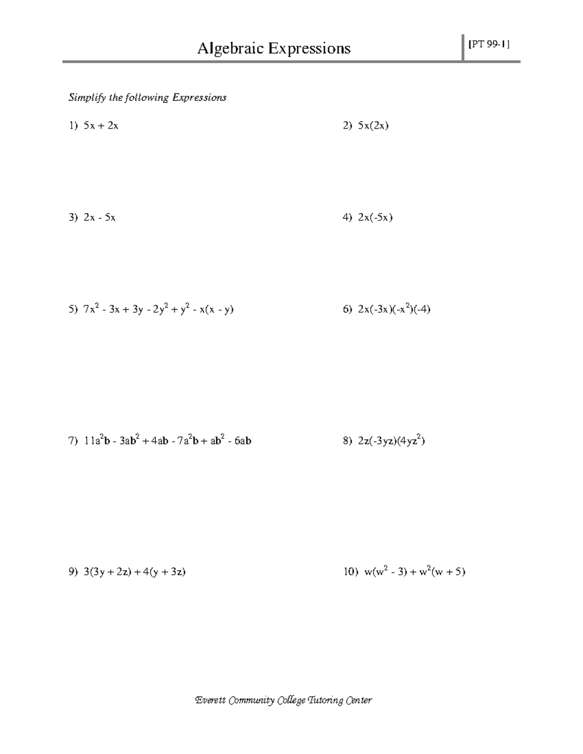 Math-99-pt1 - Practice on Simplifying Algebraic Expressions - Studocu