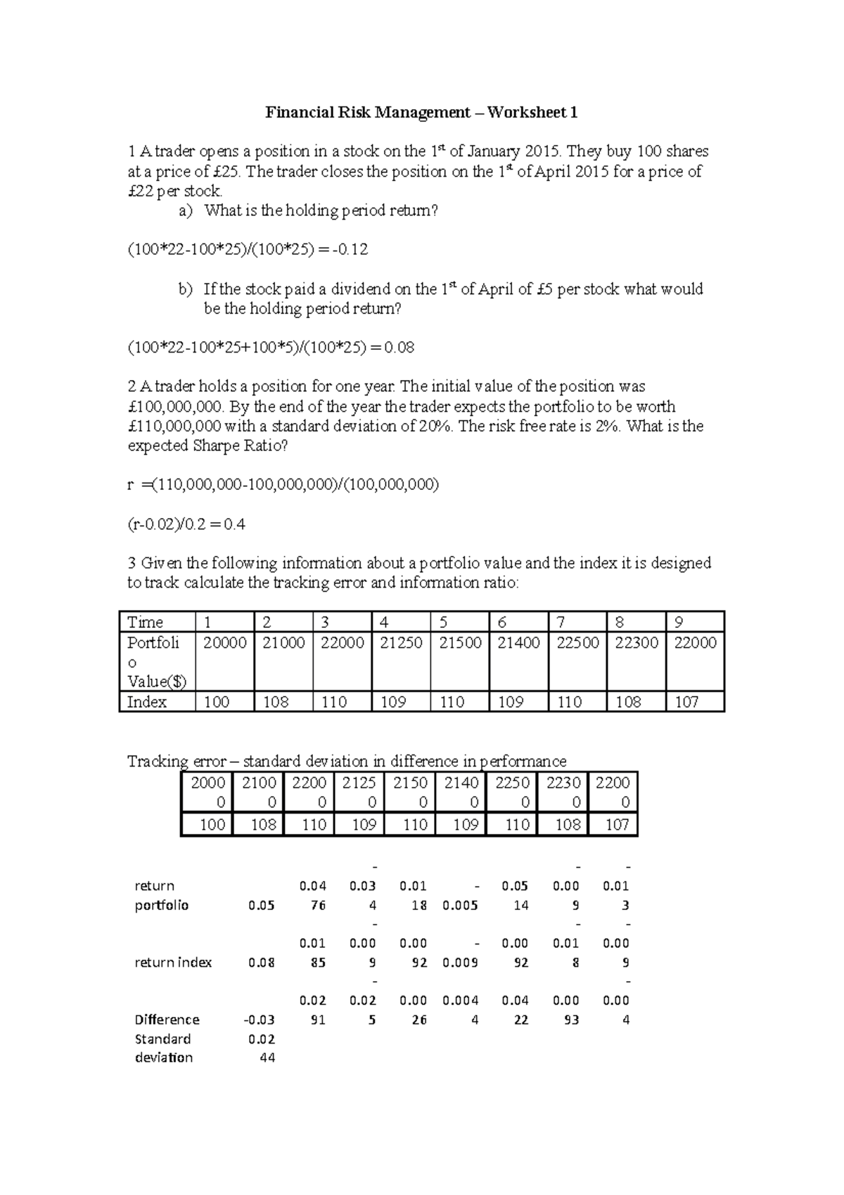 Financial Risk Management - Worksheet 1 Solutions (FRM 101) - Studocu