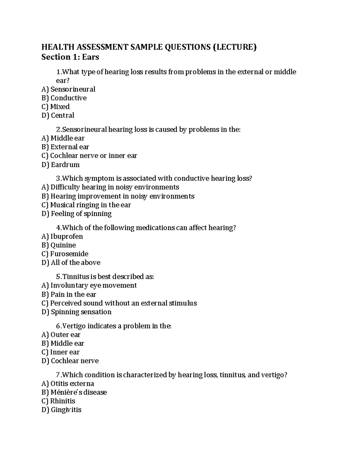 Health Assessment Sample Questions Lecture - HEALTH ASSESSMENT SAMPLE ...
