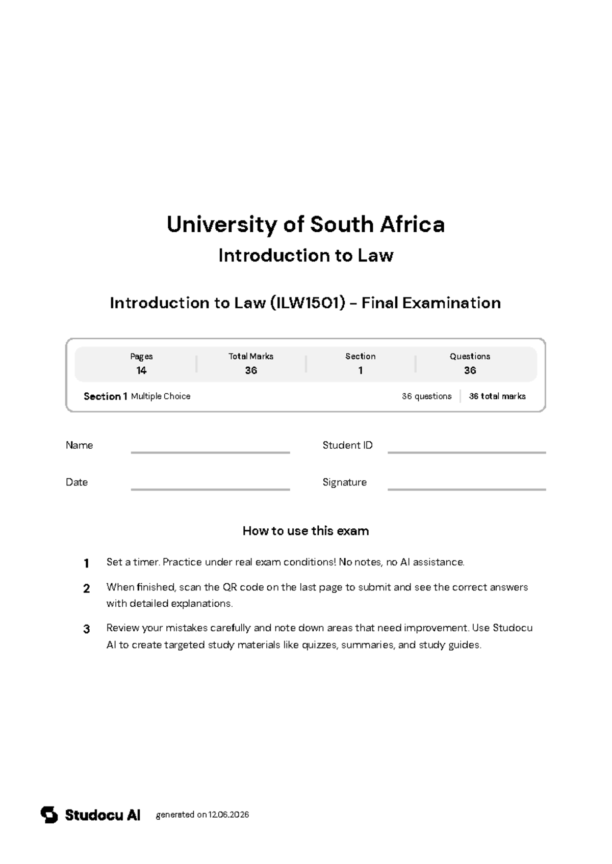 Introduction to Law (ILW1501) - Final Exam - Studocu