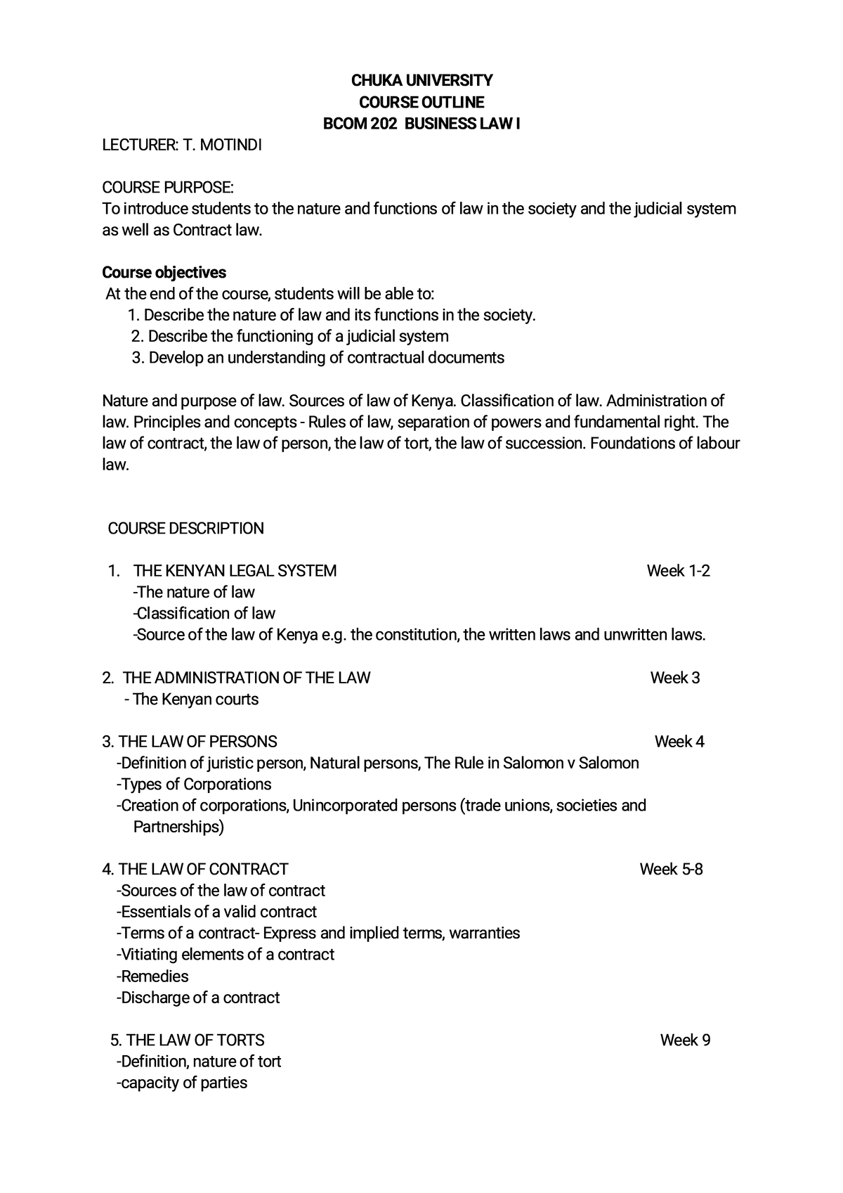 BCOM 202 Business Law I Course Outline - Chuka University - Studocu