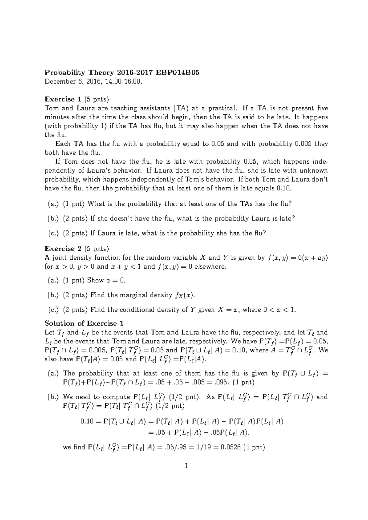 Probability Theory Exam EBP014B05 Q&A - December 17, 2016 - Studeersnel