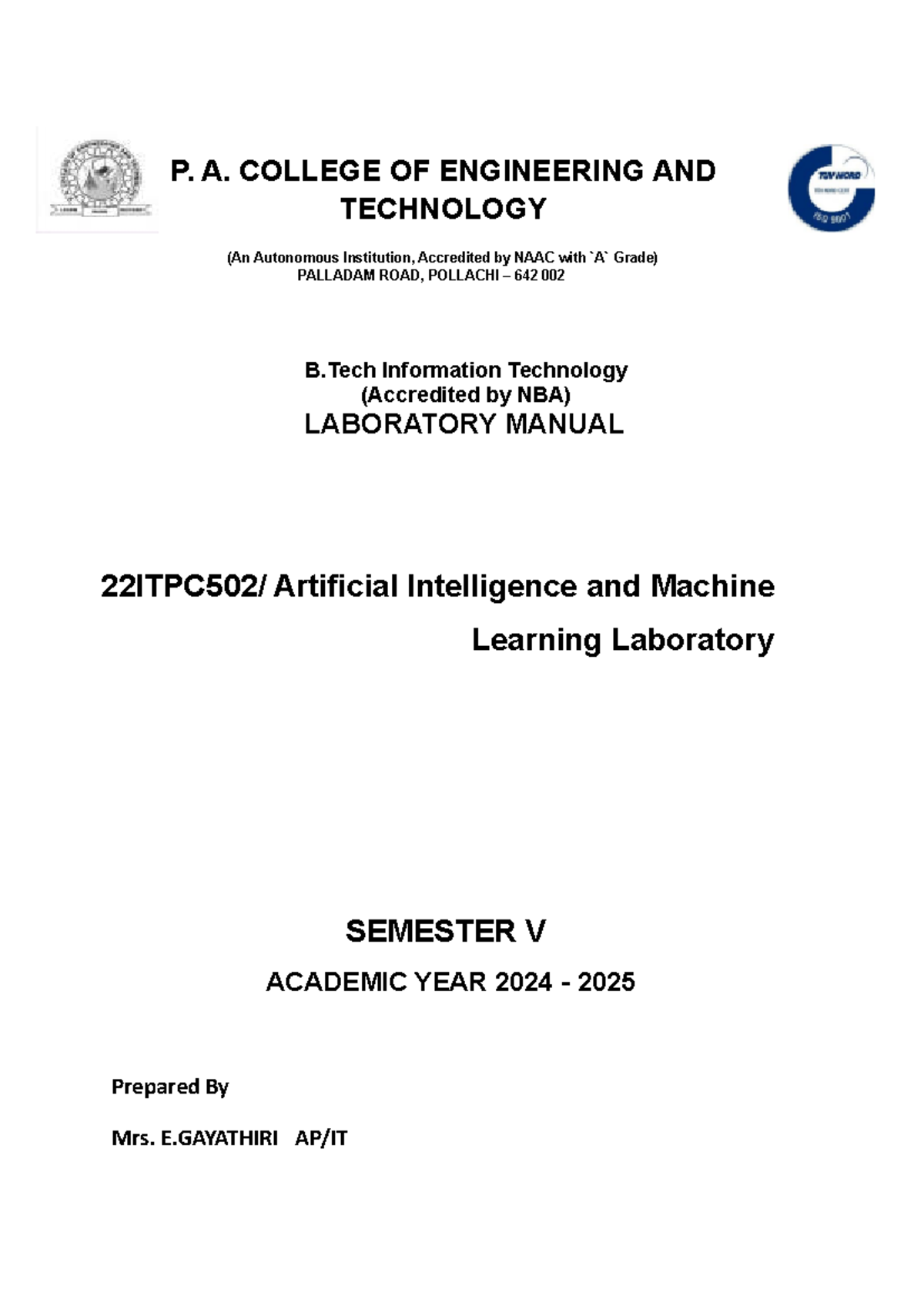 22ITPC502: AI & ML Laboratory Manual with Python Implementations - Studocu