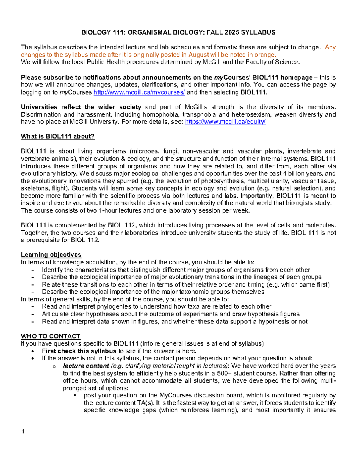 2025 BIOL 111: Organismal Biology Syllabus and Course Overview - Studocu