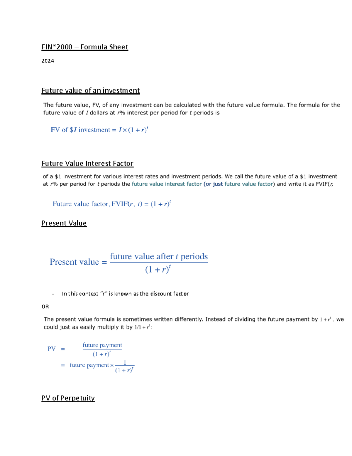 FIN*2000 - Comprehensive Finance Formula Sheet & Key Concepts - Studocu