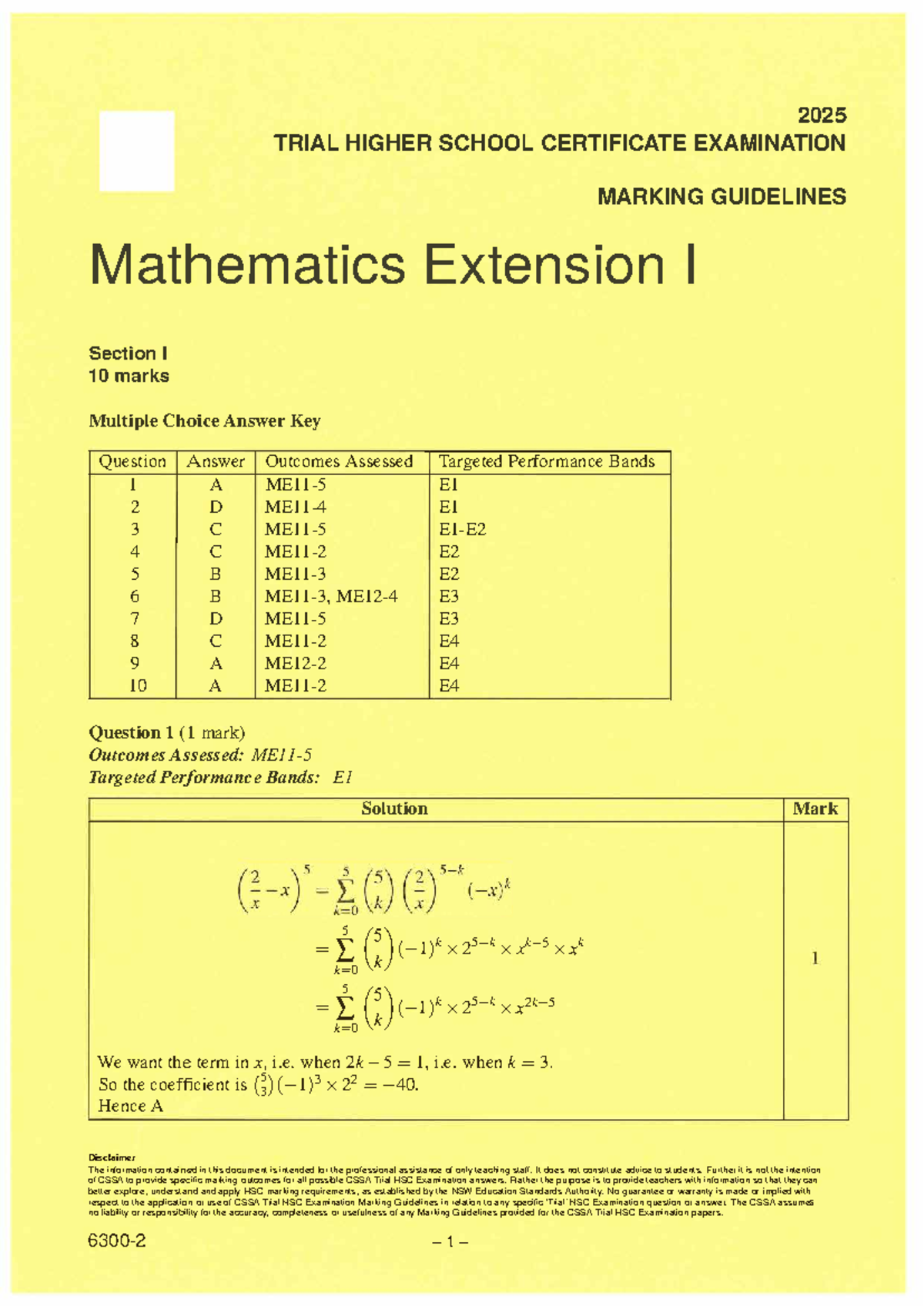 2025 HSC Trial Mathematics Extension I Marking Guidelines - Studocu
