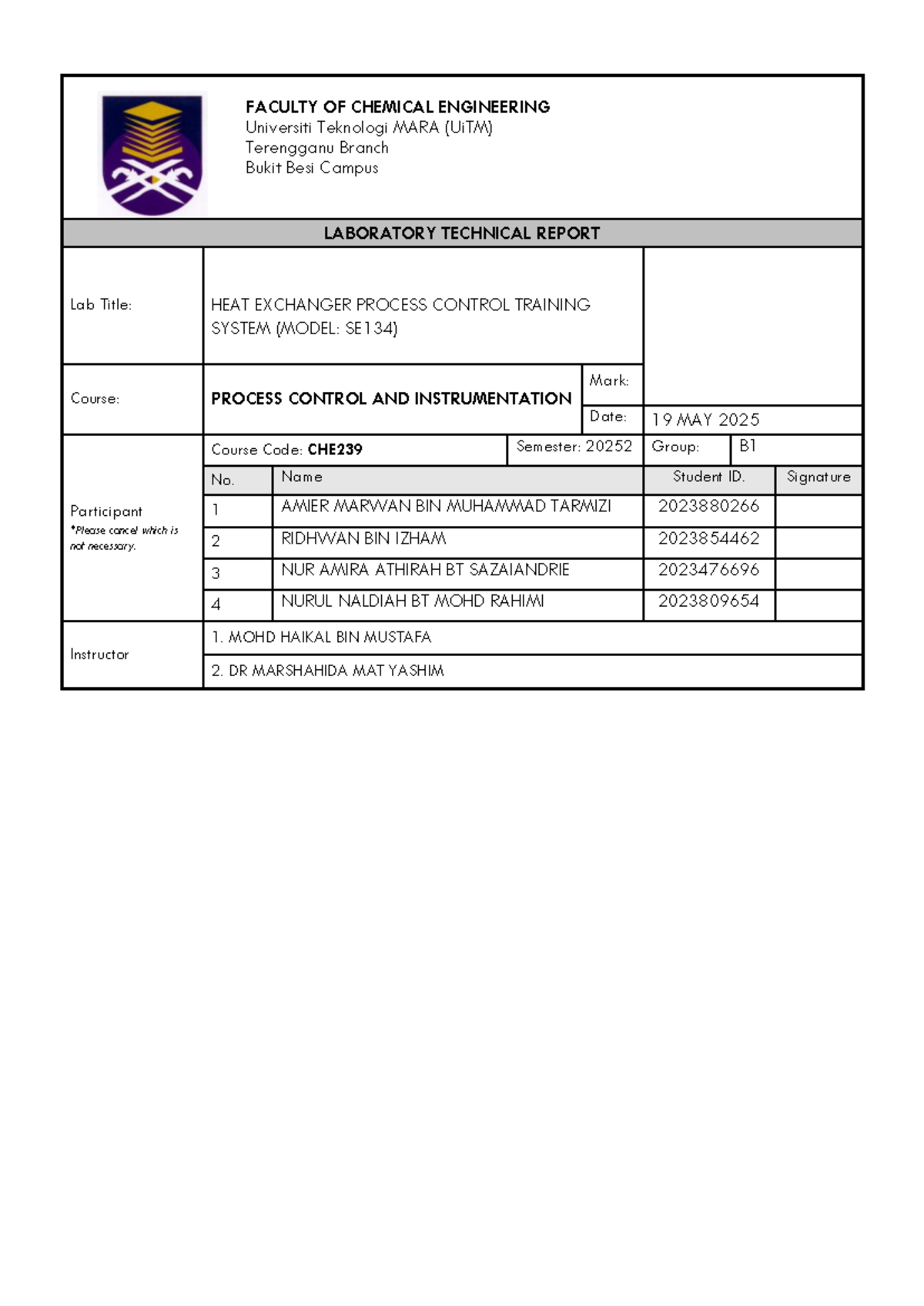 CHE239 Lab Report: Heat Exchanger Process Control Training System - Studocu