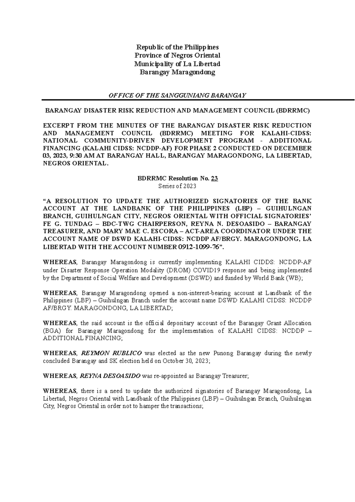 Resolution to Update Bank Signatories for Brgy. Maragondong - P2 - Studocu