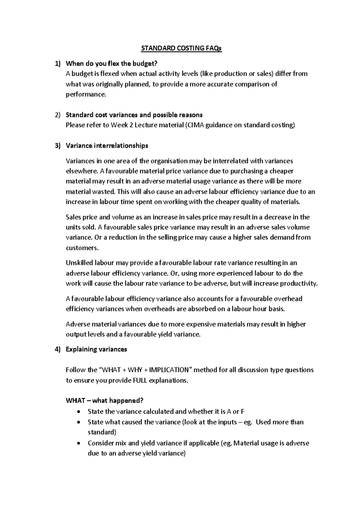 Standard Costing FAQs: Key Concepts and Variance Analysis - Studocu