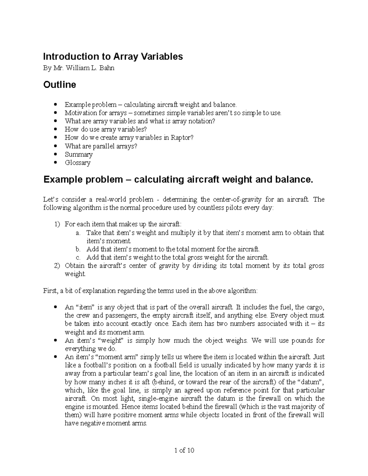 Introduction to Array Variables - By Mr. William L. Bahn Outline ...