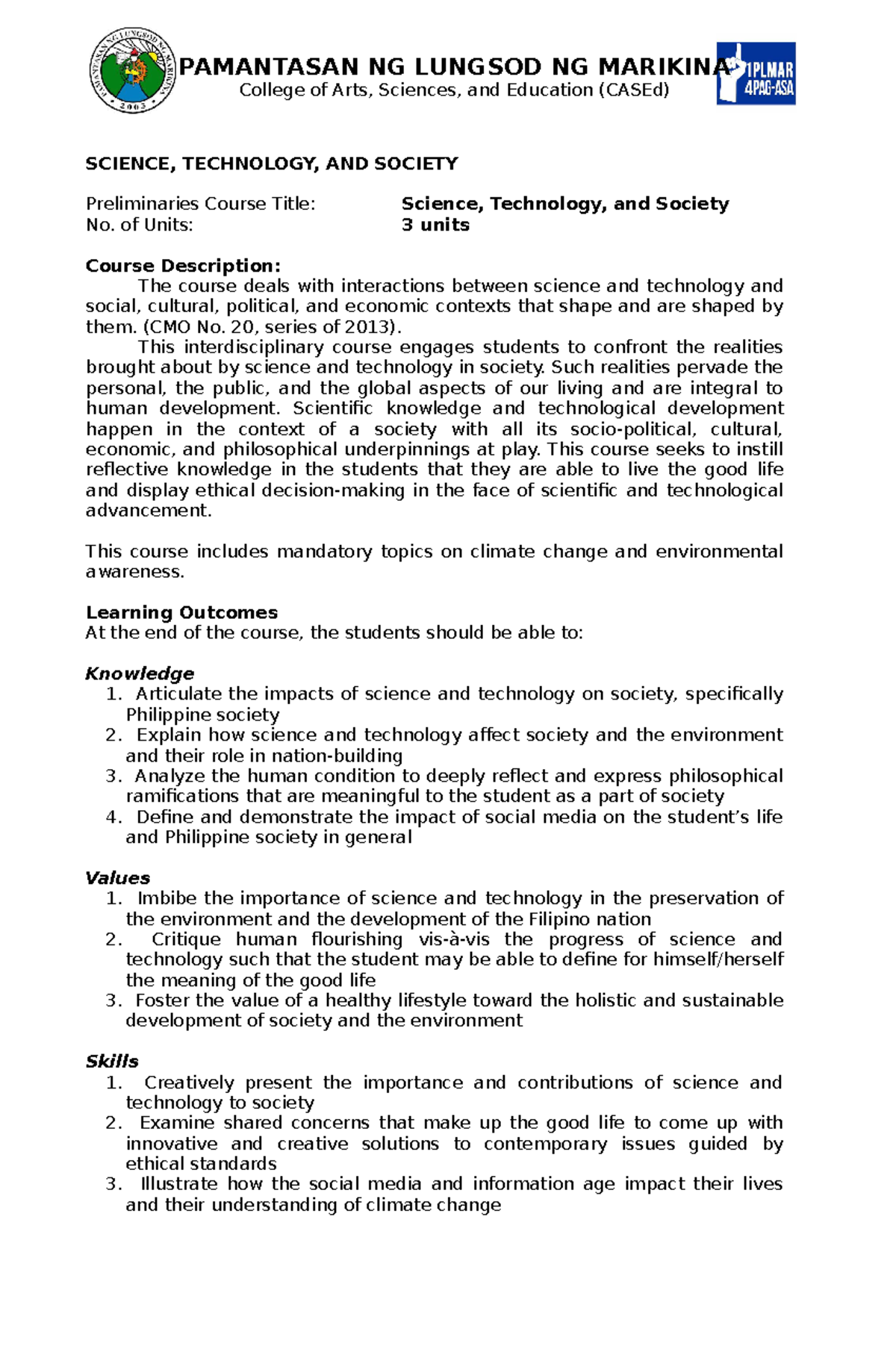 SCI 101: Science, Technology, and Society Course Outline and Overview ...
