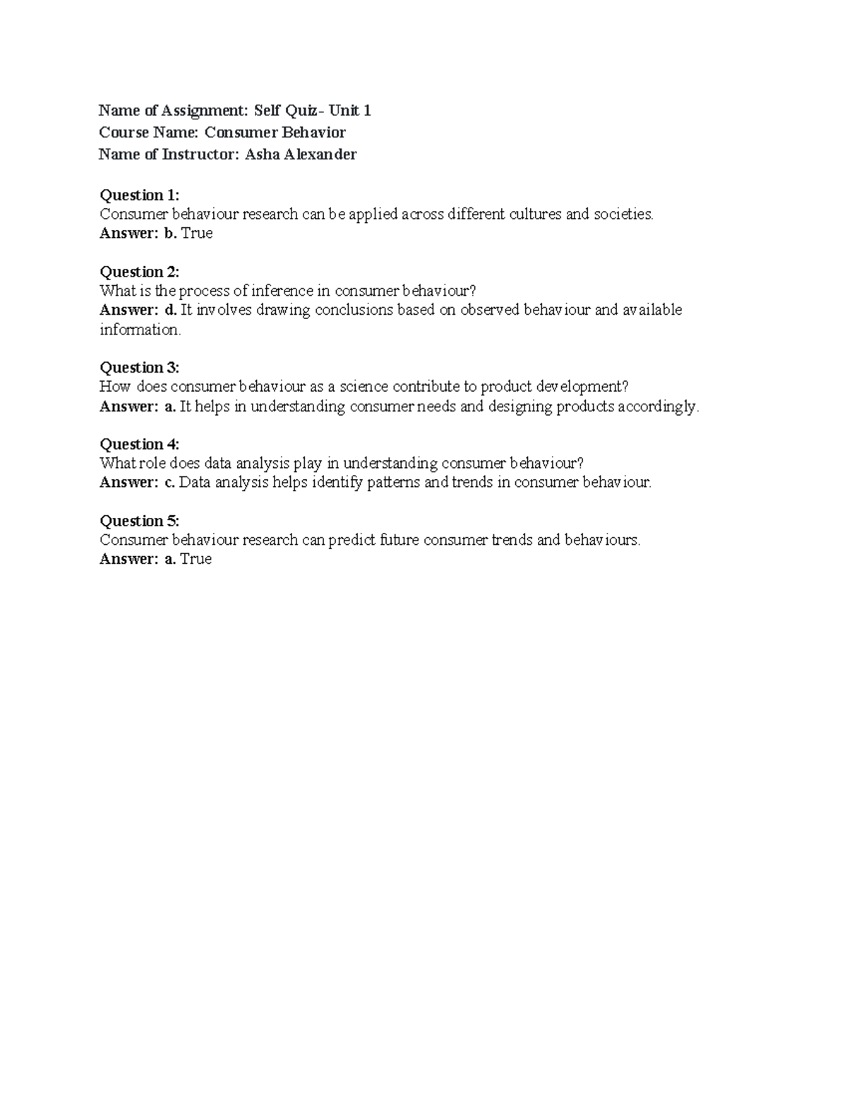 Self Quiz - Unit 1 - Consumer Behavior (CB101) - Studocu