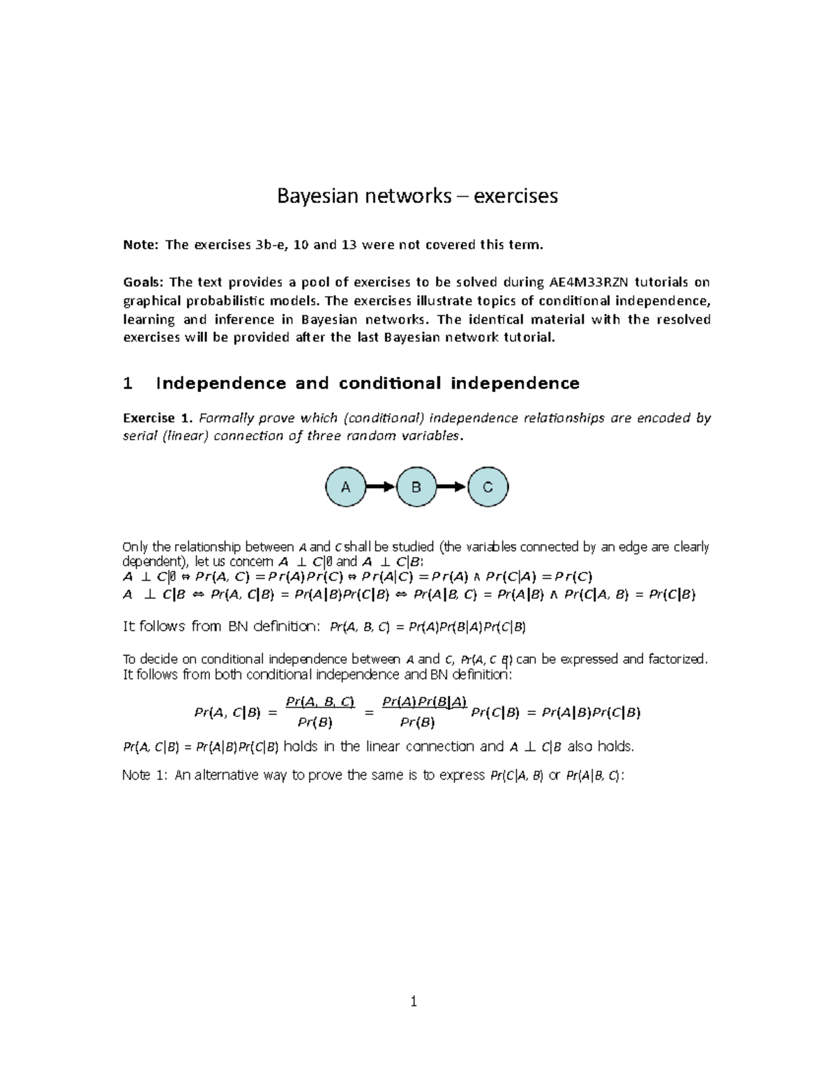 Bayesian Networks Exercises (AE4M33RZN) - Tutorial Problems & Inference ...