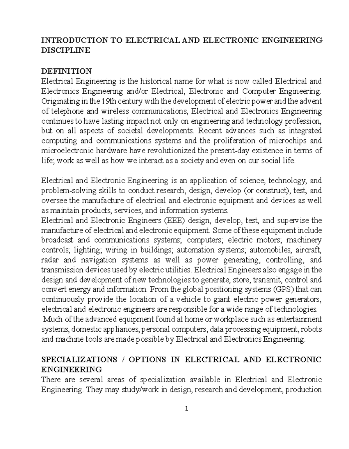 EEE 102: Introduction to Electrical and Electronic Engineering Overview ...