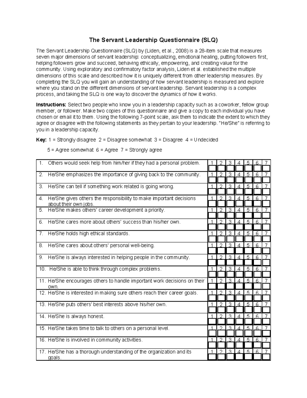 Servant Leadership Questionnaire (SLQ) Overview and Scoring Guide - Studocu