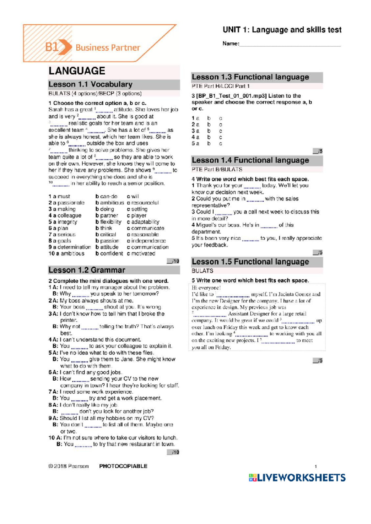 B1 Business Partner Language Skills Test: Unit 1 Overview - Studocu