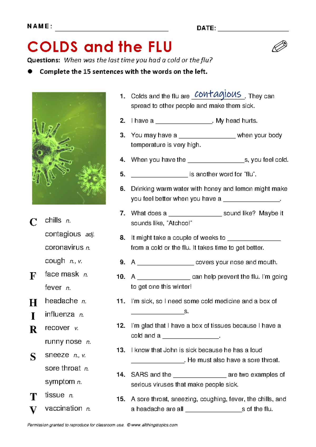COLDS and the FLU: Vocabulary Questions and Wordbank (15 Sentences ...