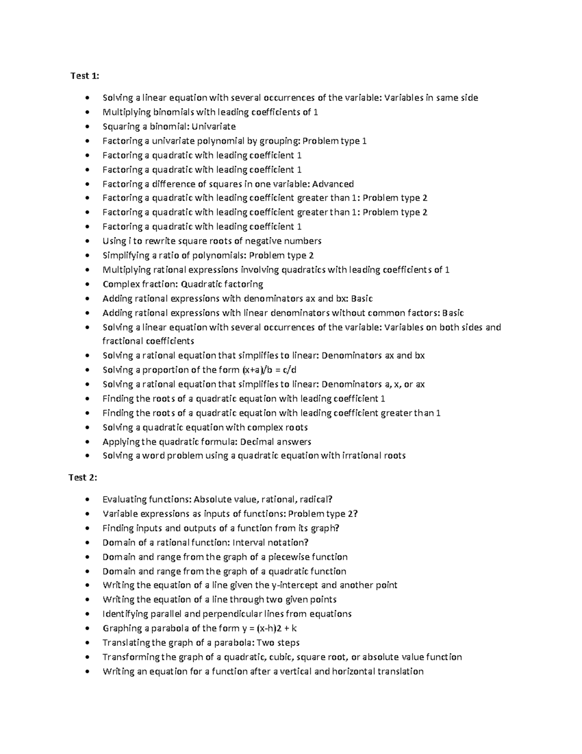 Final Exam Review Topics for College Algebra (MATH 101) - Studocu