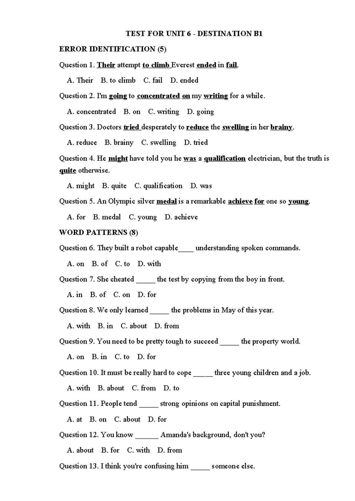 TEST FOR UNIT 6: Destination B1 Error Identification and Vocabulary ...