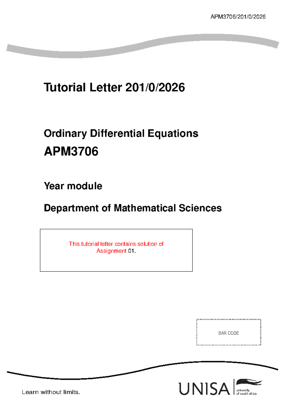 APM3706 Memo for Assignment 01: Ordinary Differential Equations ...