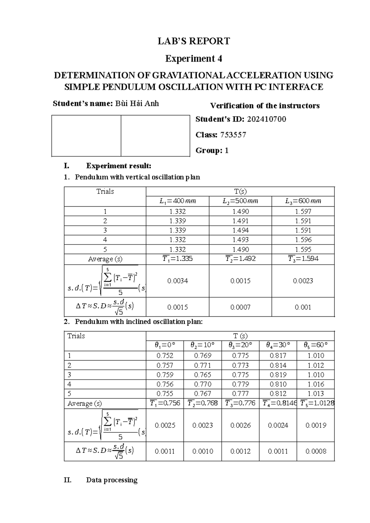 Lab Report 4: Determination of Gravitational Acceleration via Pendulum ...