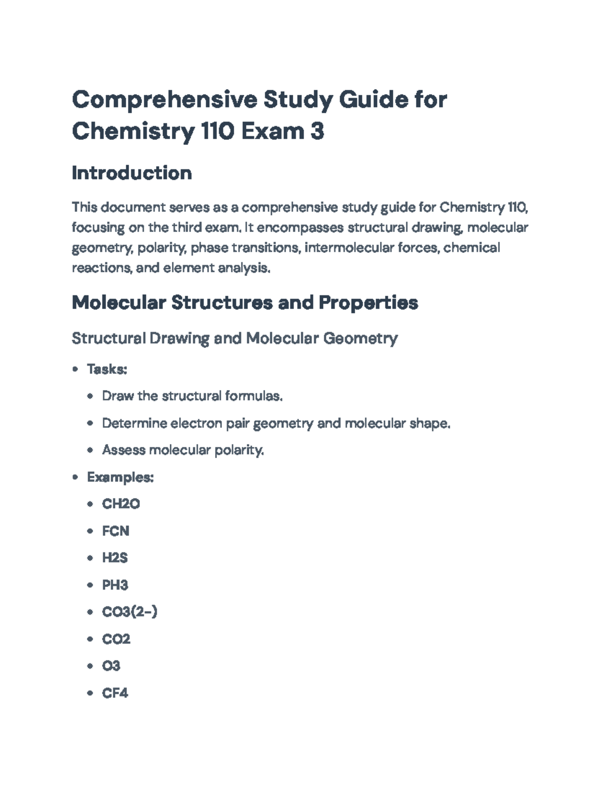 Comprehensive Study Guide for Chemistry 110 Exam 3 - It encompasses ...