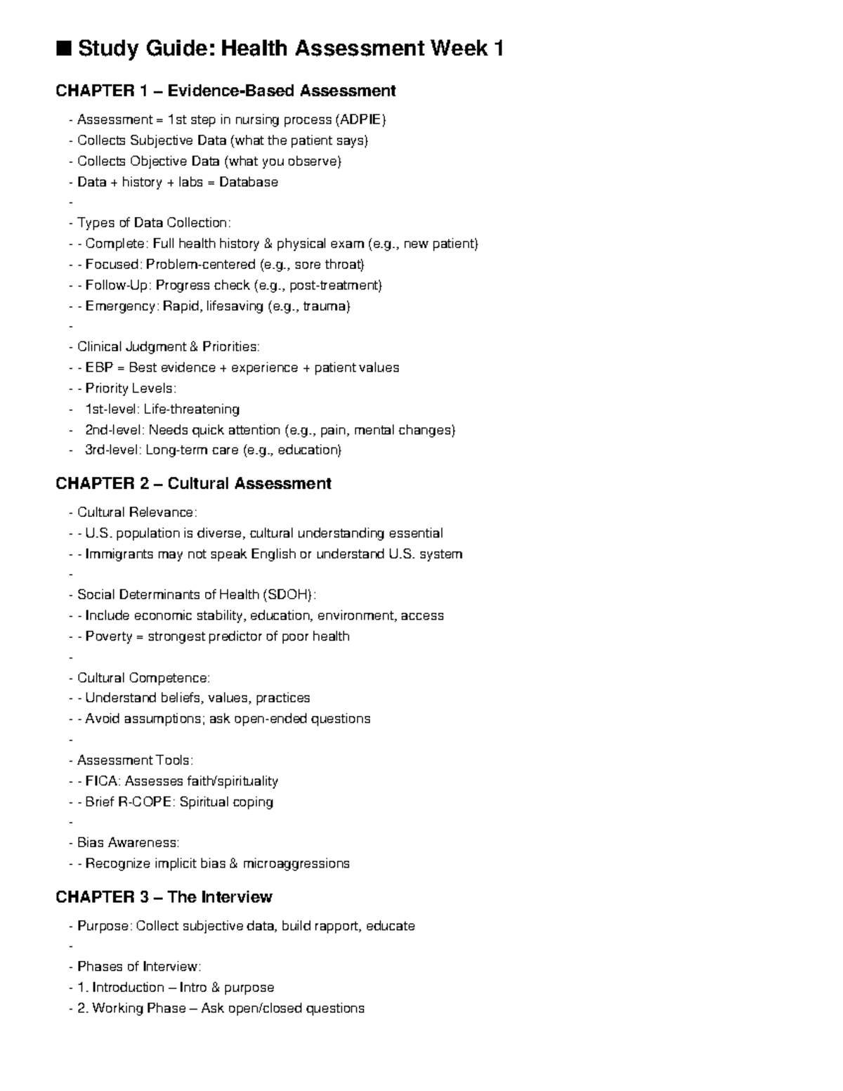 Health Assessment Study Guide: Week 1 Overview & Key Concepts - Studocu