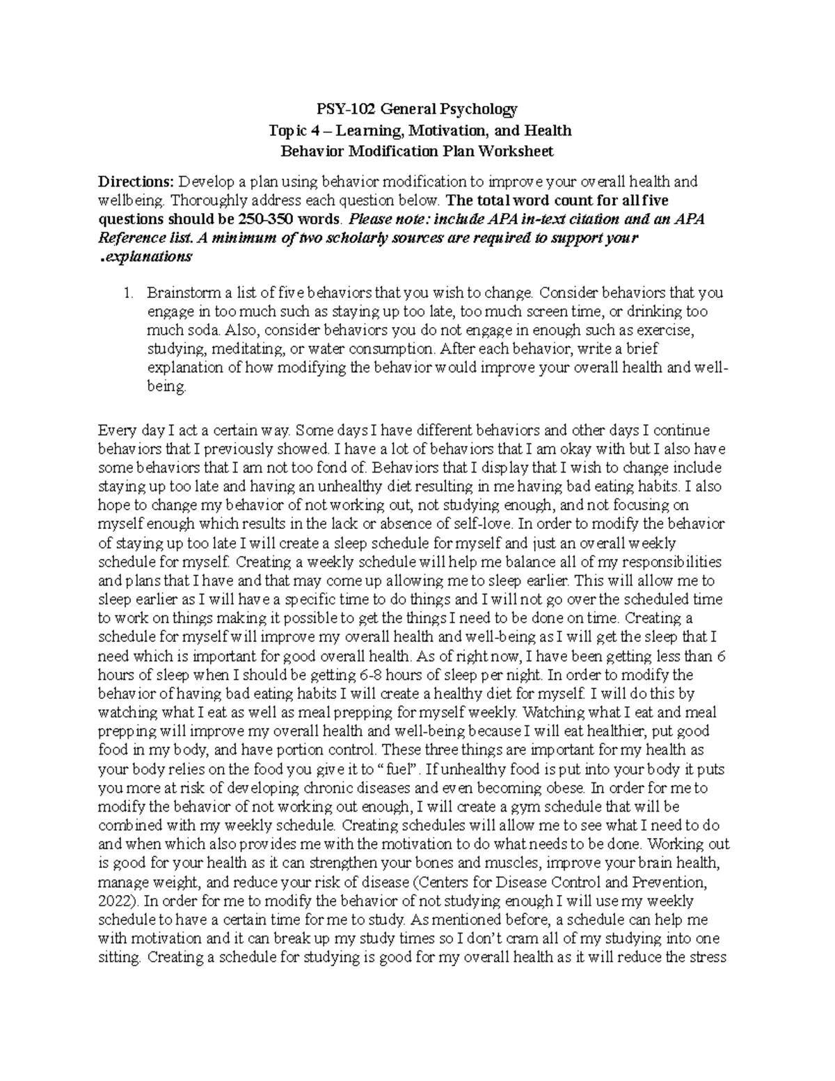 PSY-102 General Psychology Topic 4 – Behavior Modification Plan for ...
