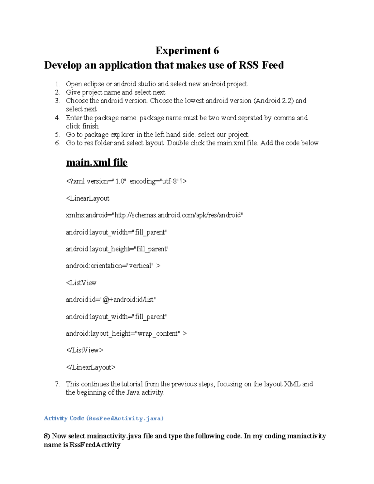 Experiment 6: Building an RSS Feed App in Android Studio - Studocu