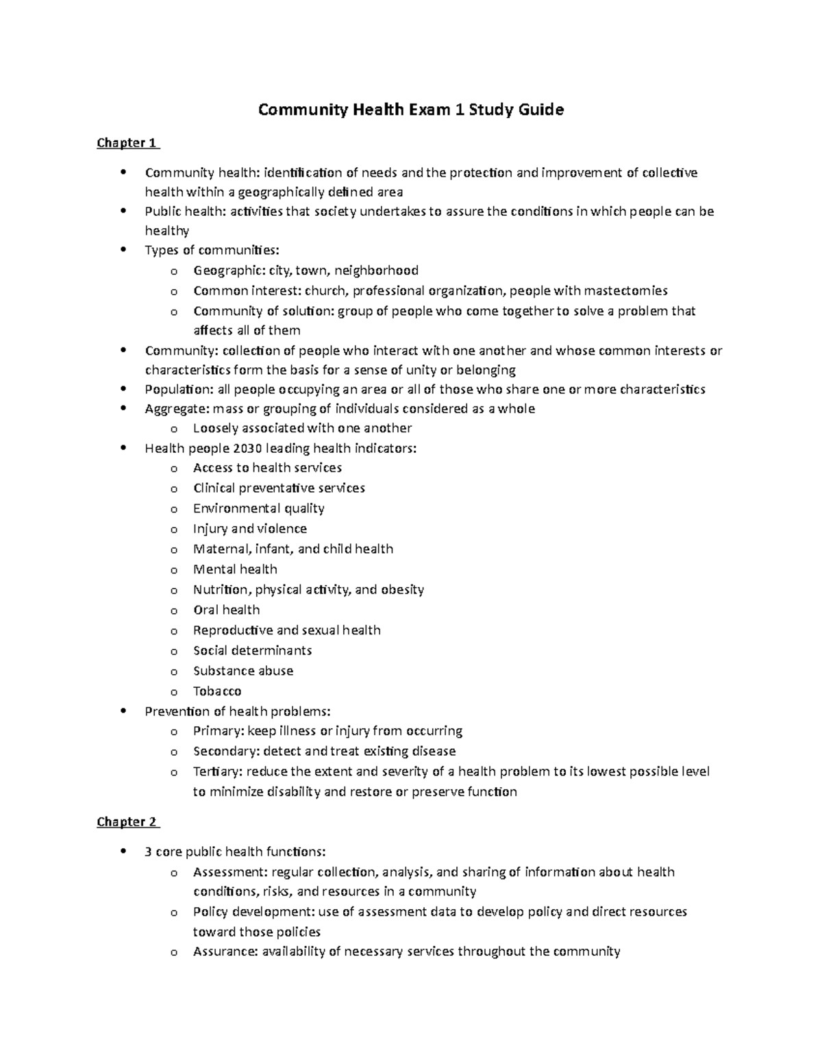 Community Health Exam 1: Comprehensive Study Guide for Success - Studocu