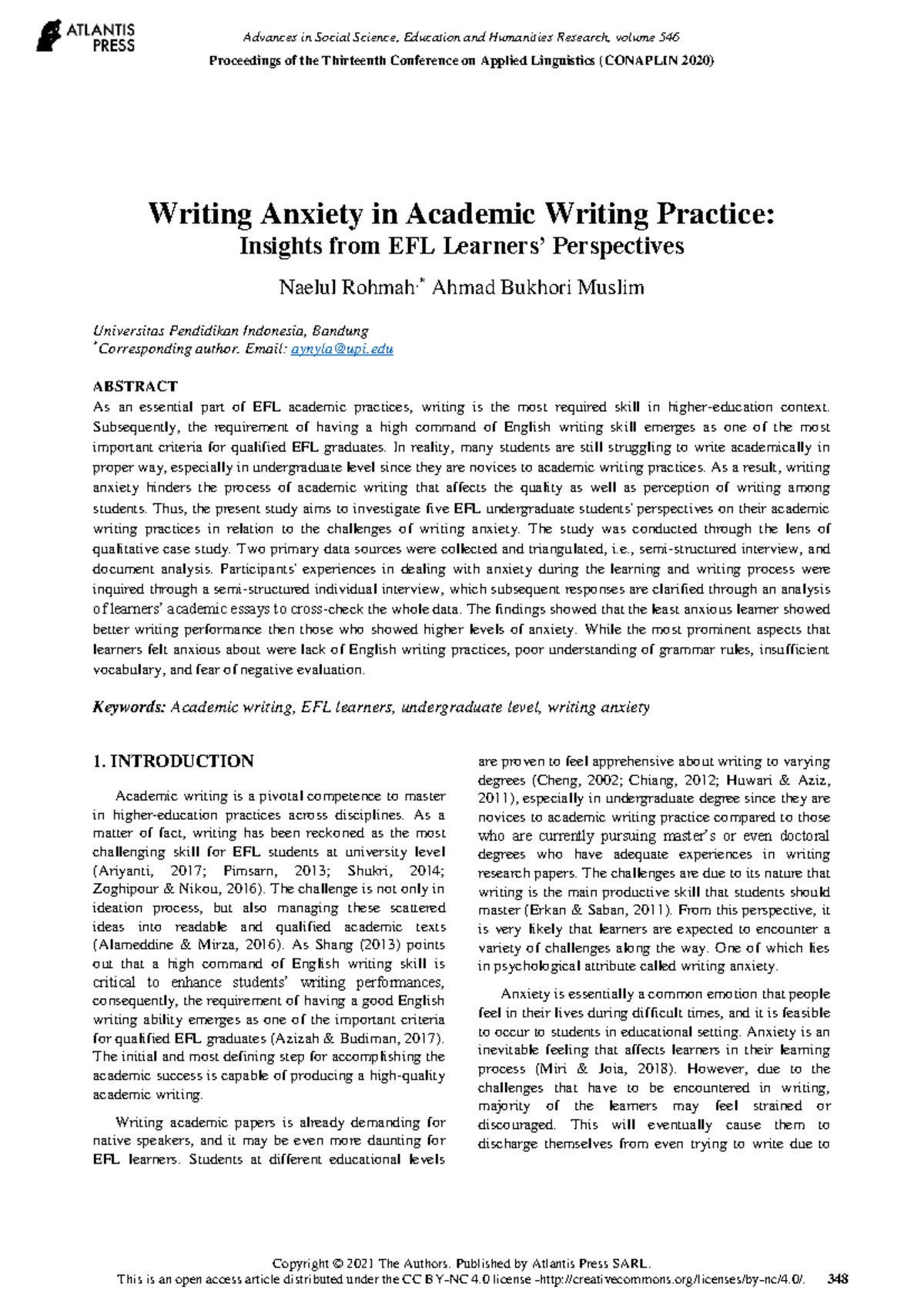 Writing Anxiety in EFL Academic Practices: Insights from Undergraduates ...