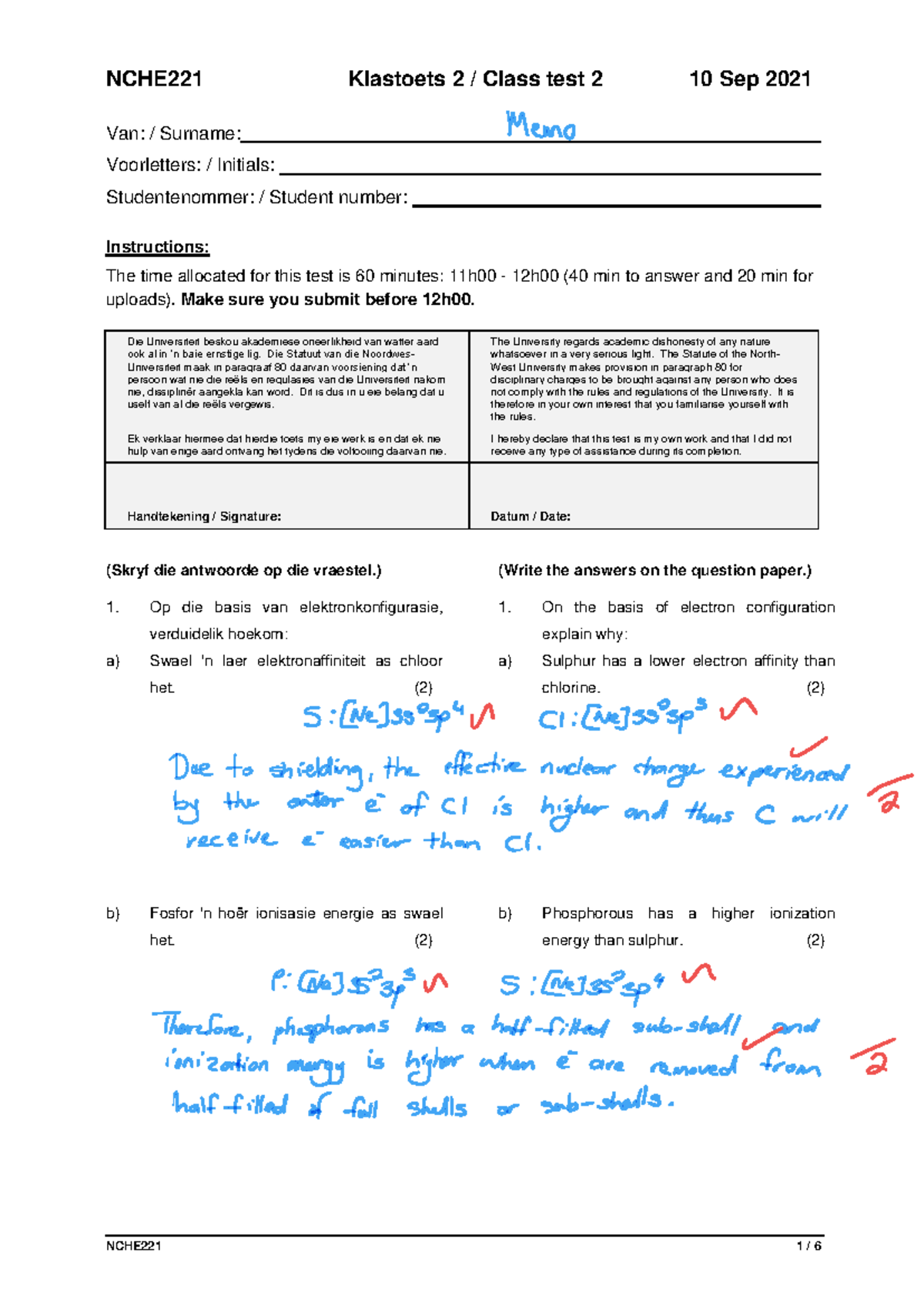 NCHE221 A2 Test 2 Memo - 10 Sep 2021 - Studocu