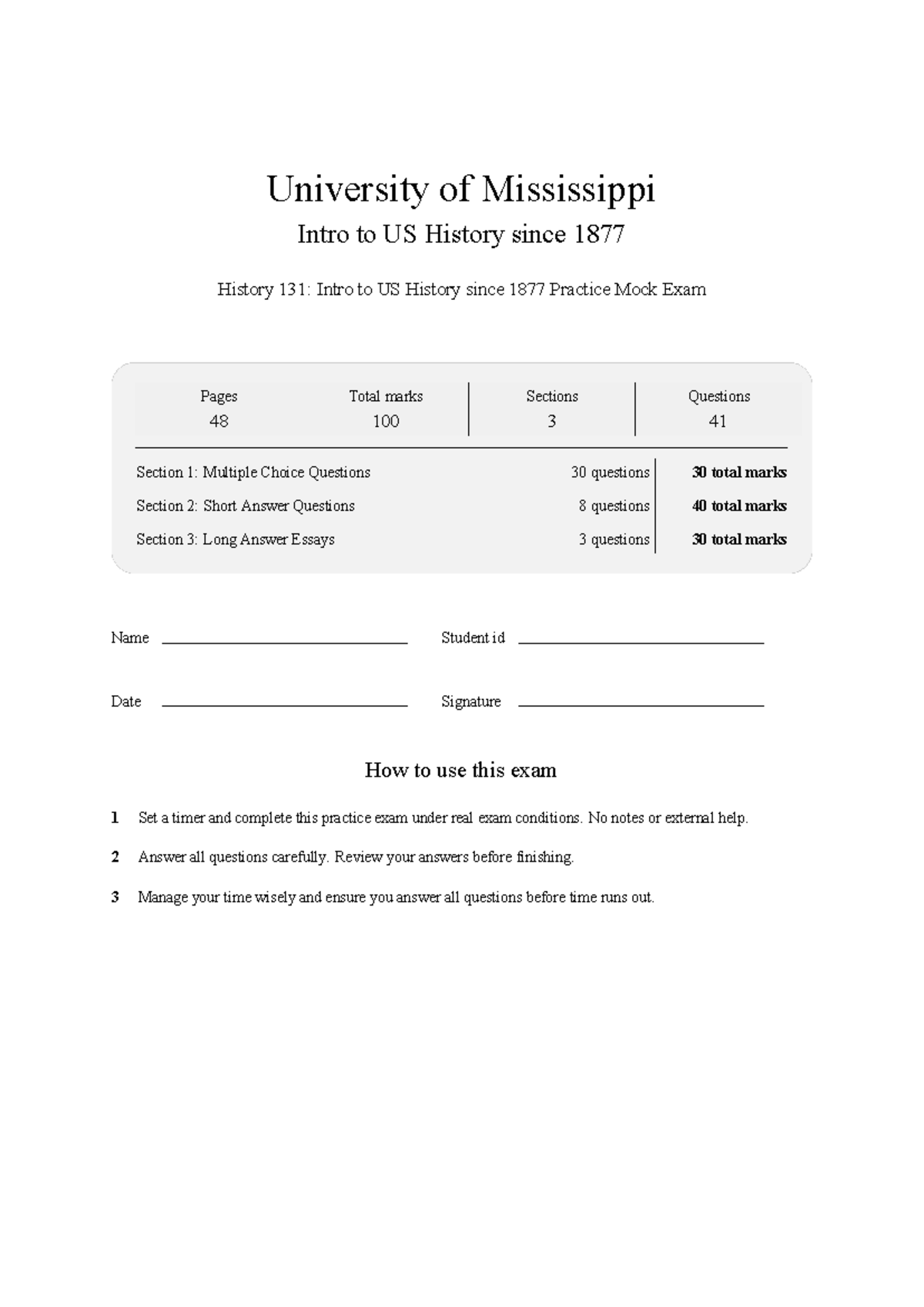 Hst 131: Intro to US History since 1877 Ole Miss Practice Mock Exam ...