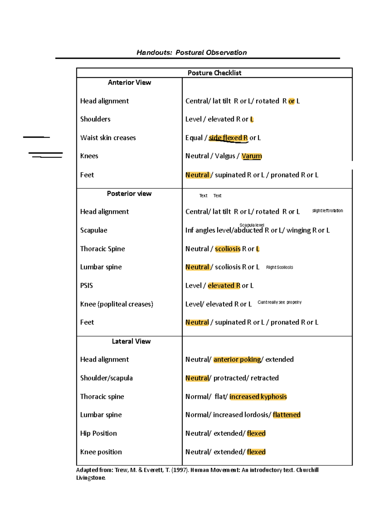 Posture Observation Checklist: Anterior, Posterior & Lateral Views ...