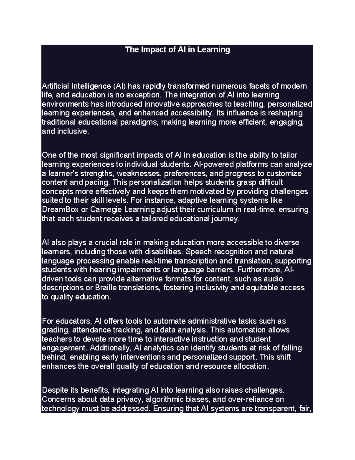 The Impact of AI on Education: Transforming Learning Experiences - Studocu
