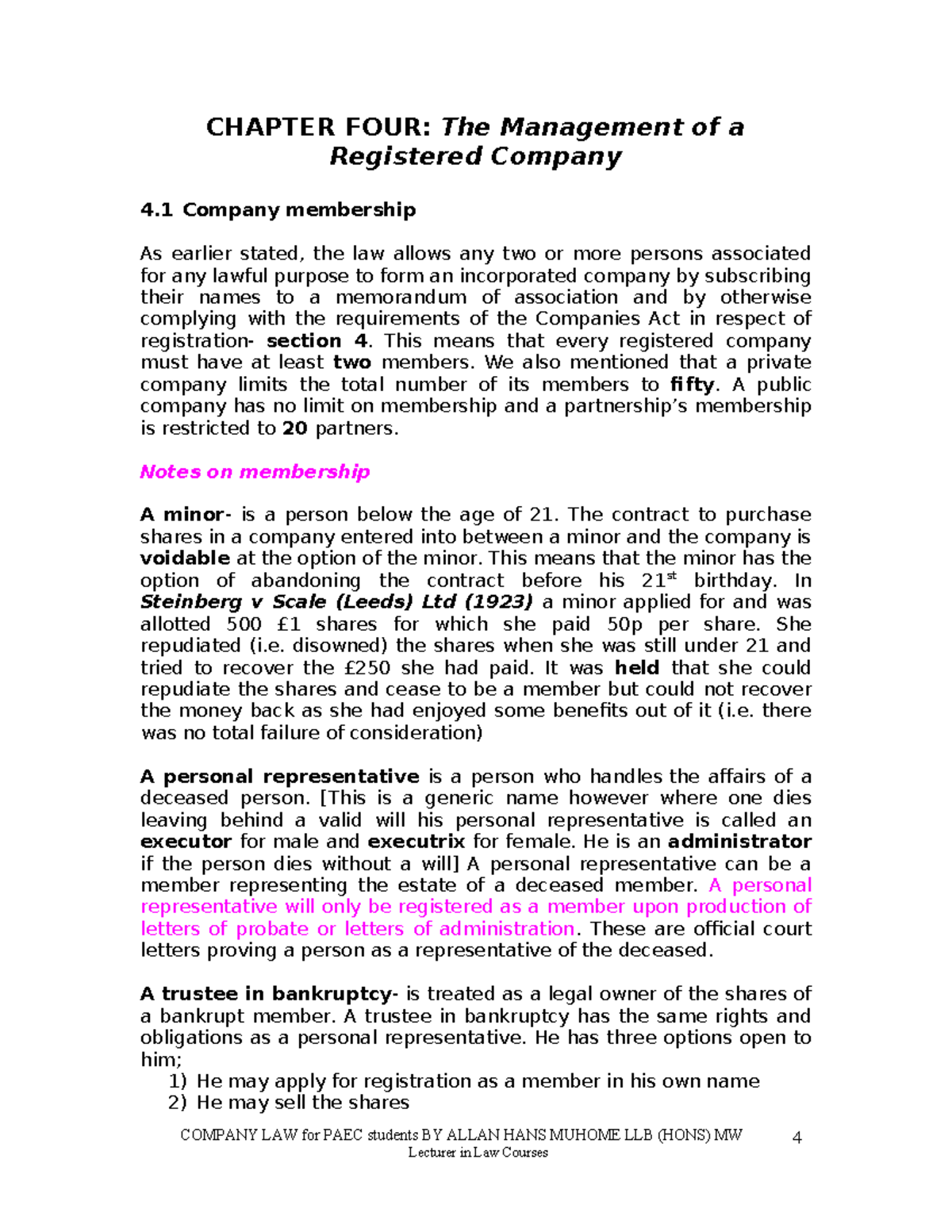 COMPANY LAW: Chapter 4 - Management of a Registered Company - Studocu