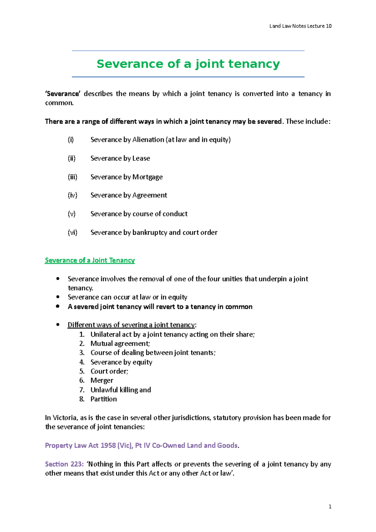Lecture Notes 10 - Understanding Joint Tenancy Severance Methods - Studocu