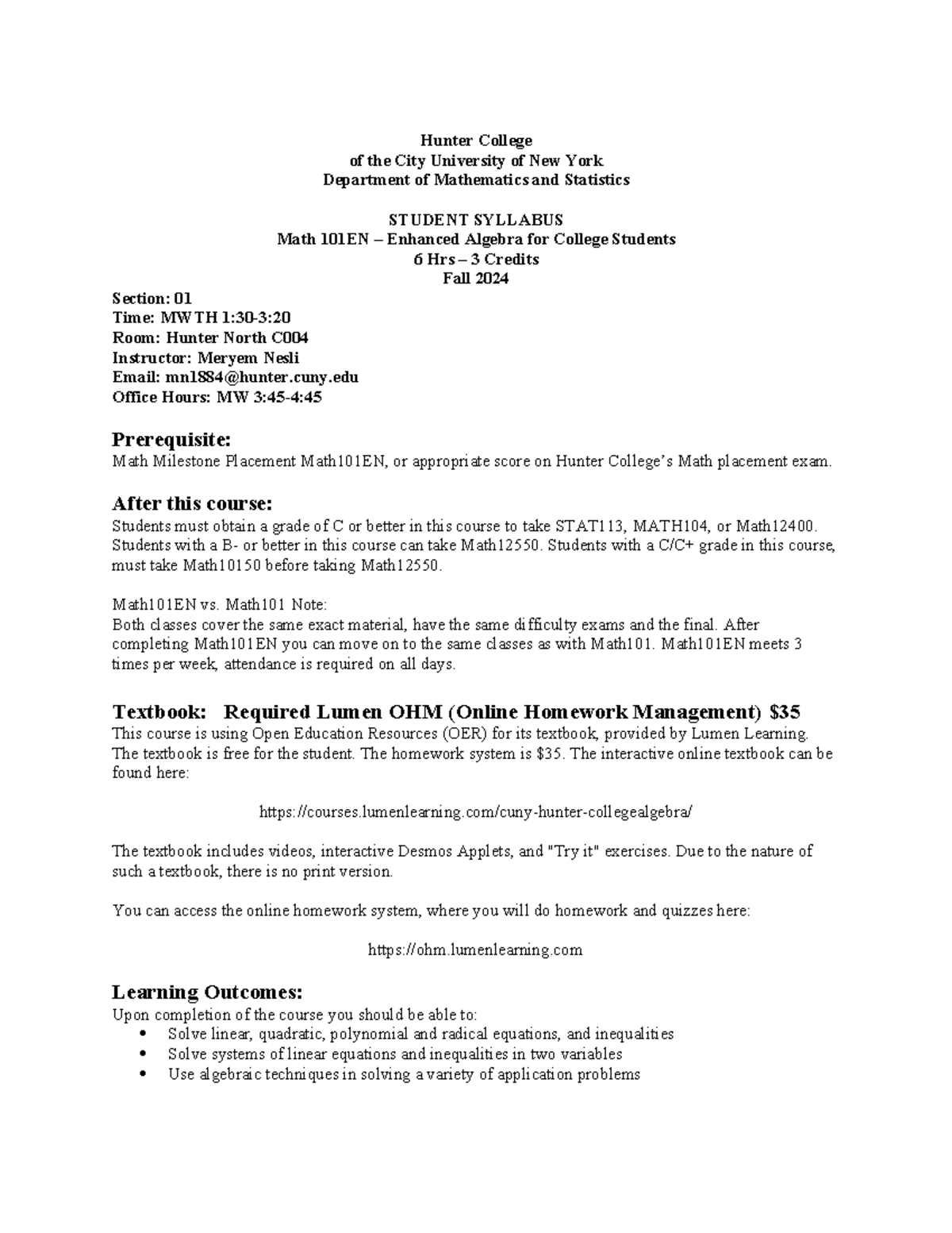 Math101EN Syllabus for Enhanced Algebra - Fall 2024 at Hunter College ...