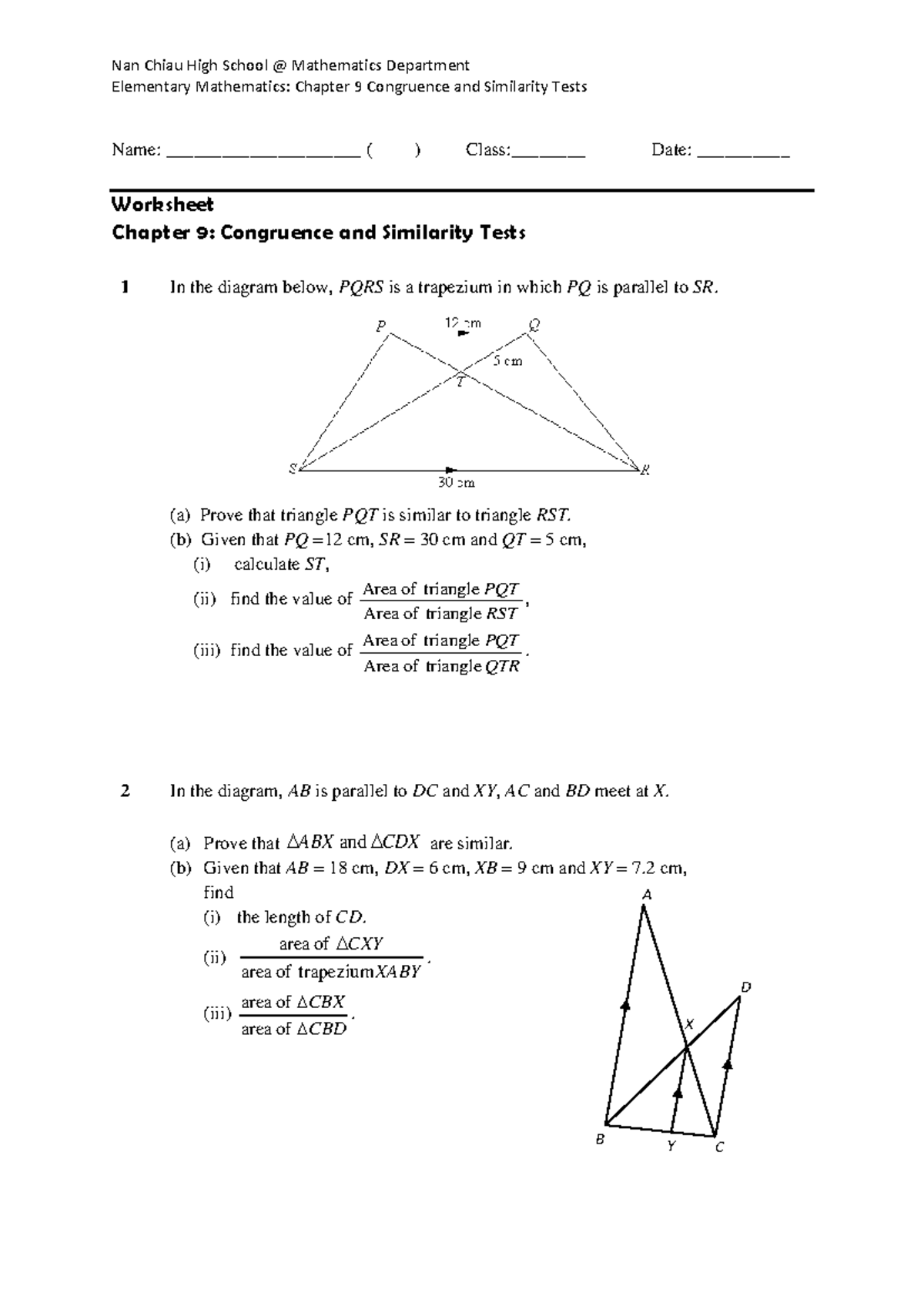 EMath Chapter 9 Congruency and Similarity WS - Nan Chiau High School ...