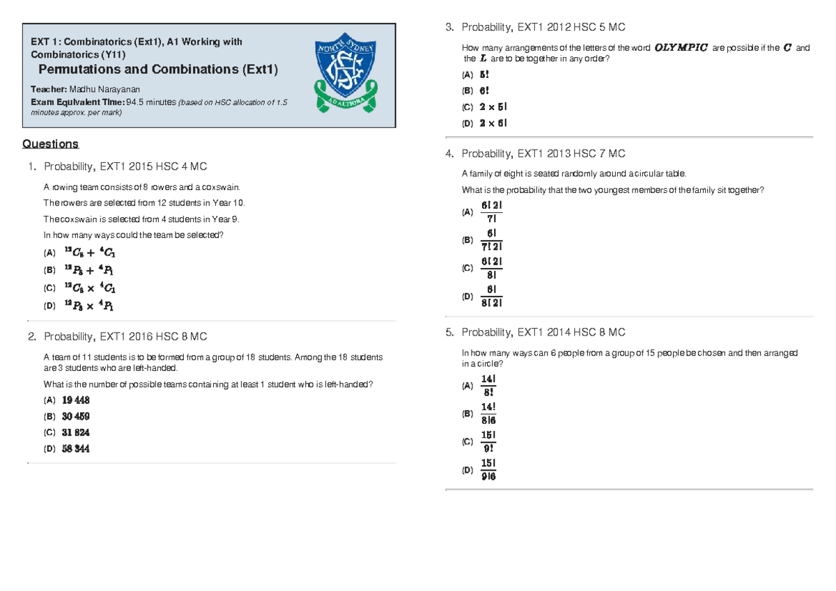 Permutations and Combinations in Probability, EXT1 2012 HSC - Studocu