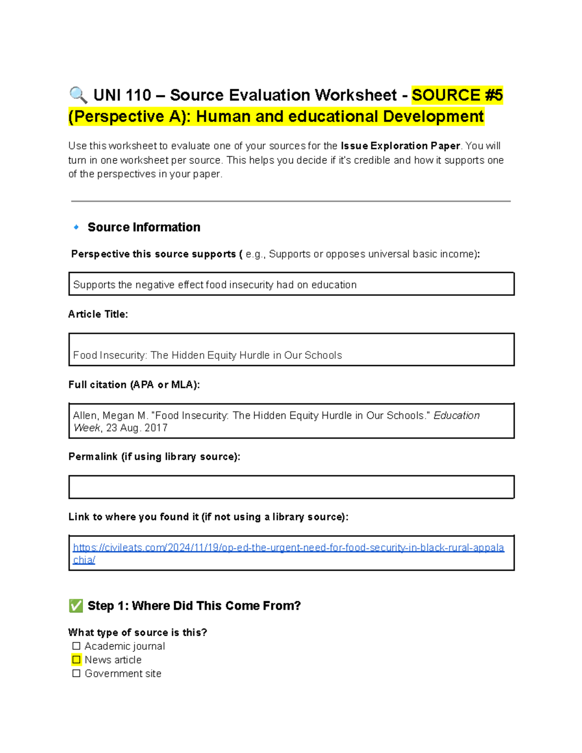 UNI 110 Source Evaluation Worksheets for Issue Exploration Paper - Studocu