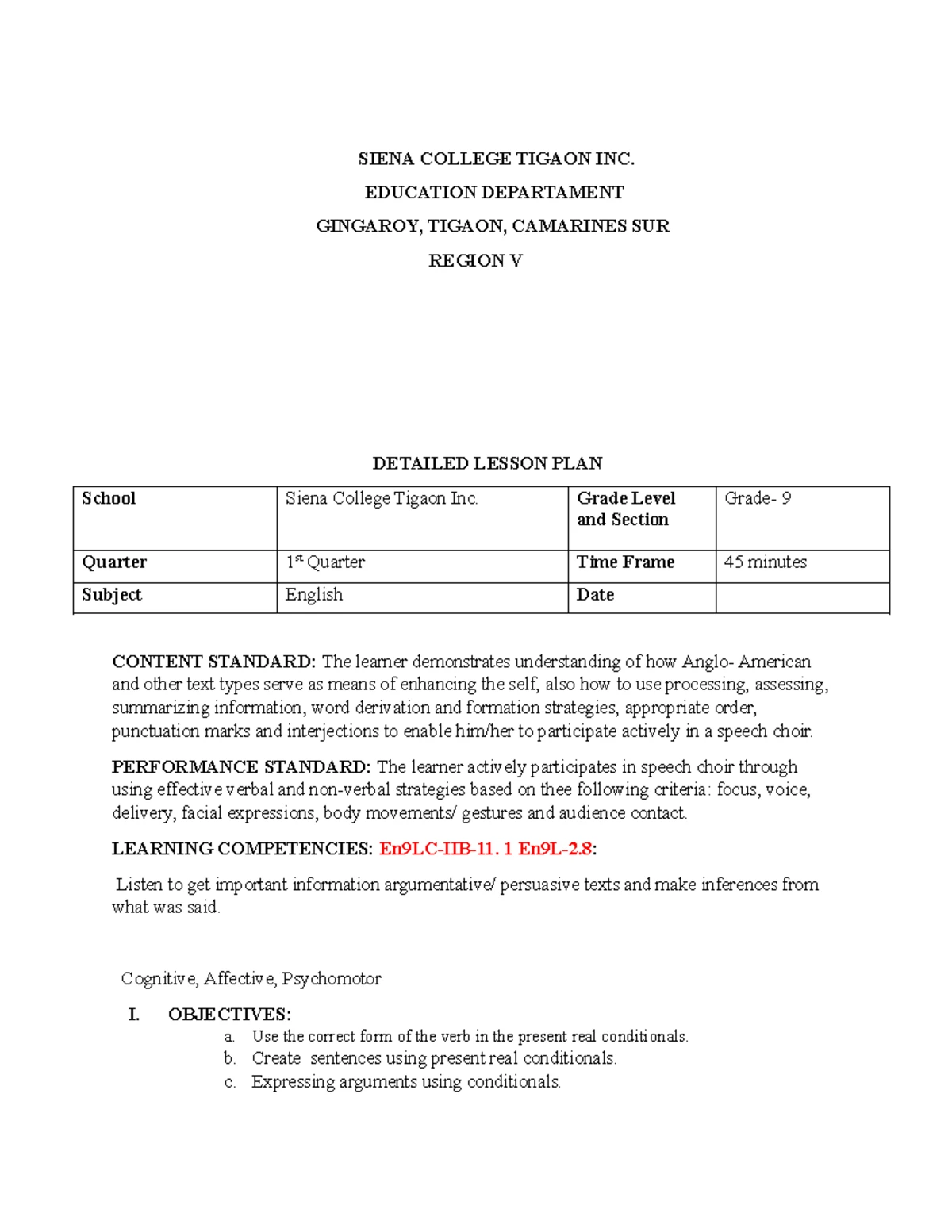 Detailed Lesson Plan for Grade 9 English: Present Real Conditionals ...