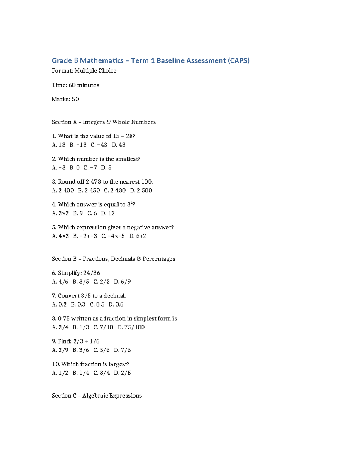 Grade 8 Math Term 1 Baseline Assessment (CAPS) - MCQ Format - Studocu