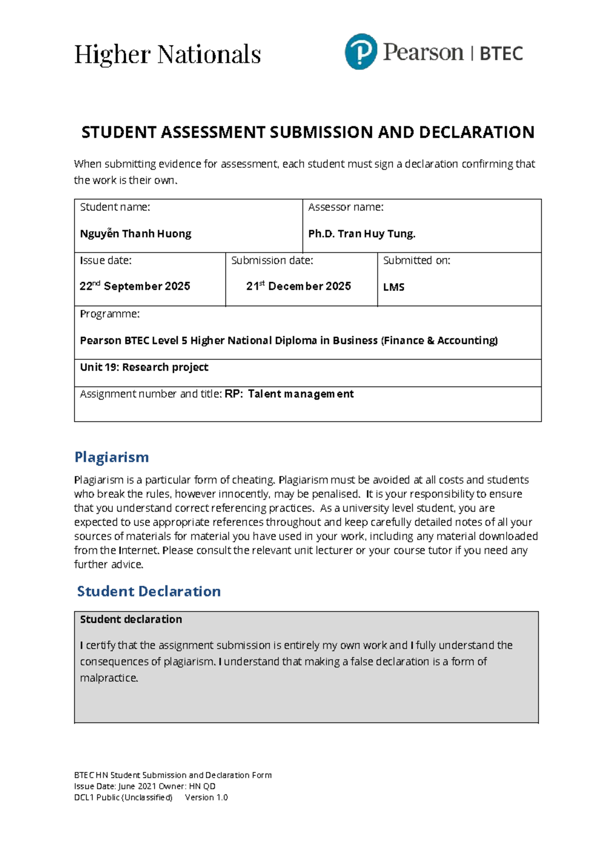 BTEC HND Business (Finance) Assignment Declaration Form - Studocu