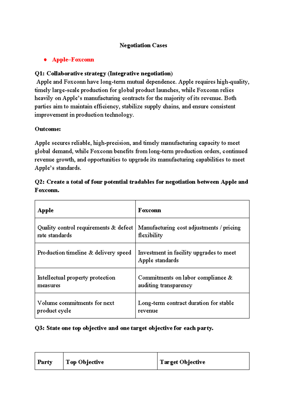 Negotiation Cases Q1-Q3: Collaborative Strategies in Business ...